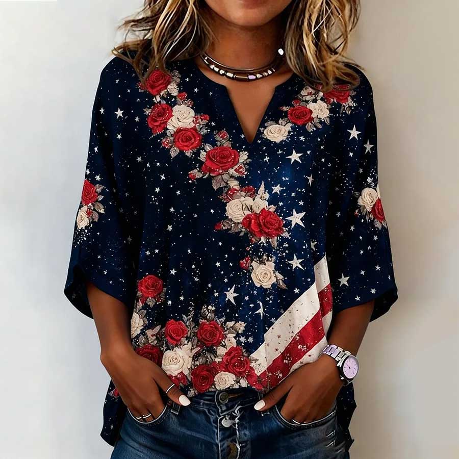 Women's Casual American 250th Anniversary Floral Cotton Linen Top