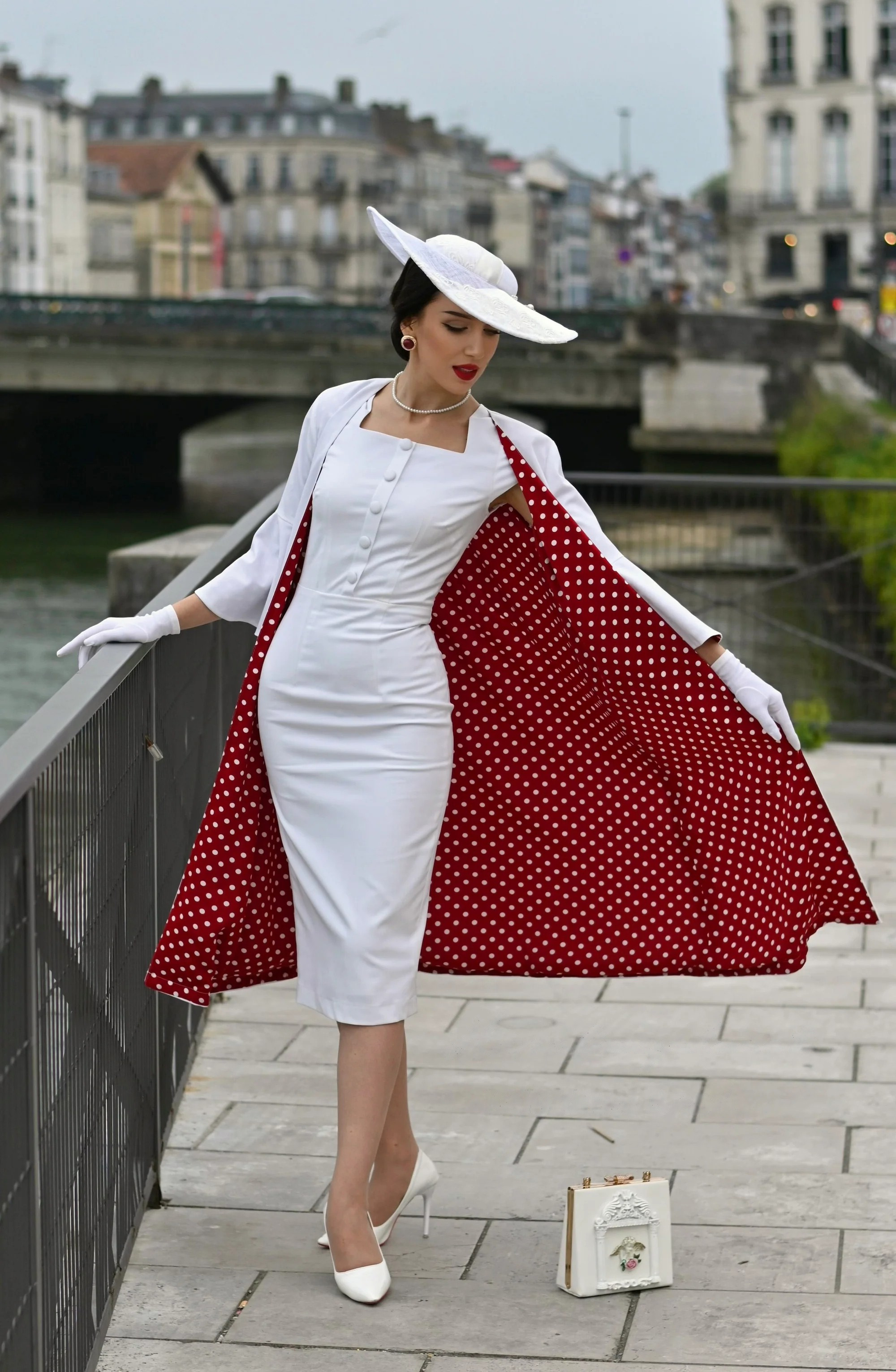 White Vintage Coat Dress Set – Elegant Retro Two-Piece Outfit