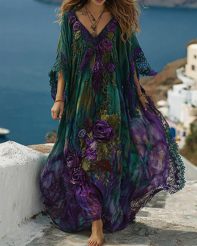 Women's summer vacation floral 3D embroidery tie-dye kaftan  0337