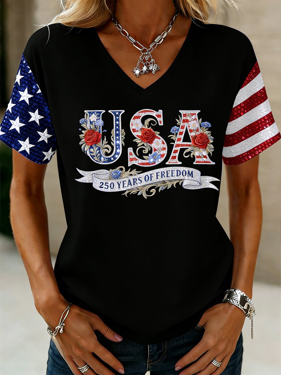 Women's American 250th Anniversary Print Casual V-Neck Top