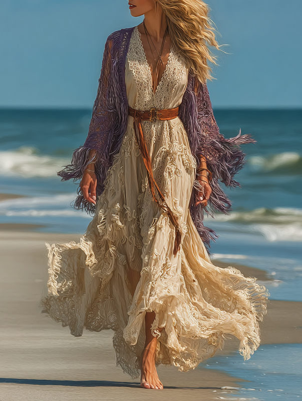 Autumn seaside long-sleeved contrasting retro kimono+dress set da69