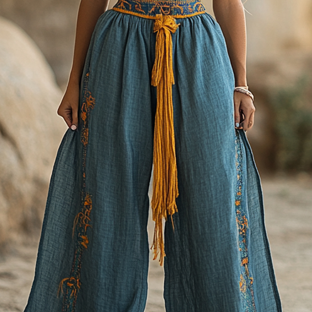 Bohemian Linen Print Ethnic Holiday Casual Pants