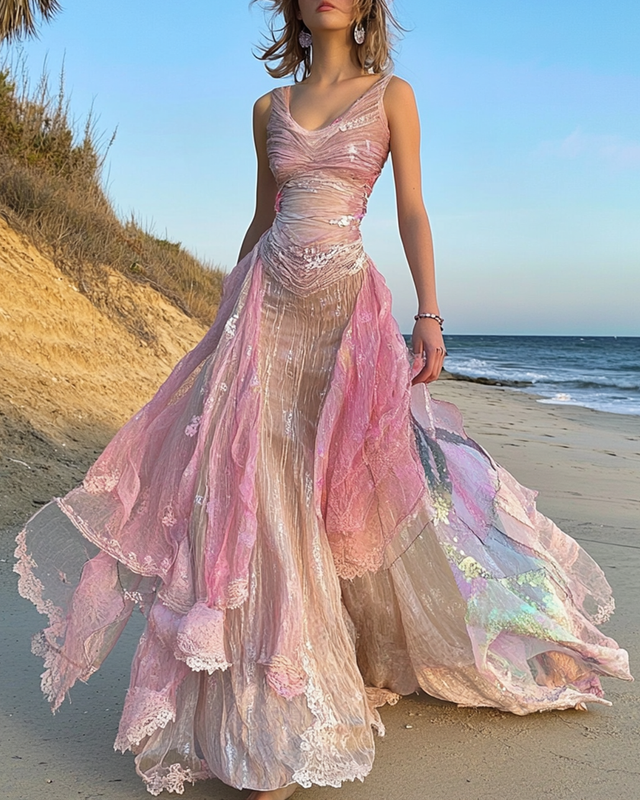 Summer Vacation Seaside Ruffle Lace Patchwork Dress 97a8