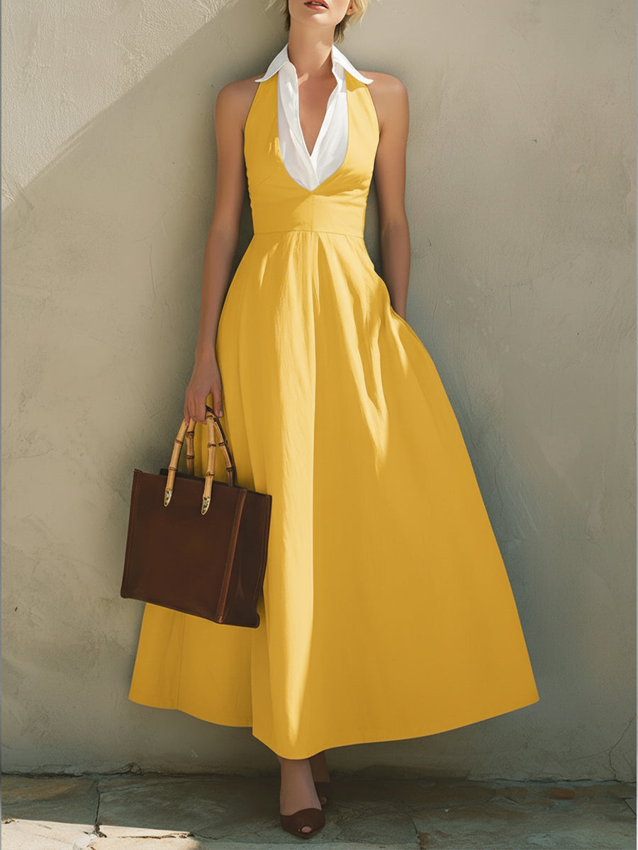 Fashionable Patchwork White Collar Sleeveless Cotton Dress