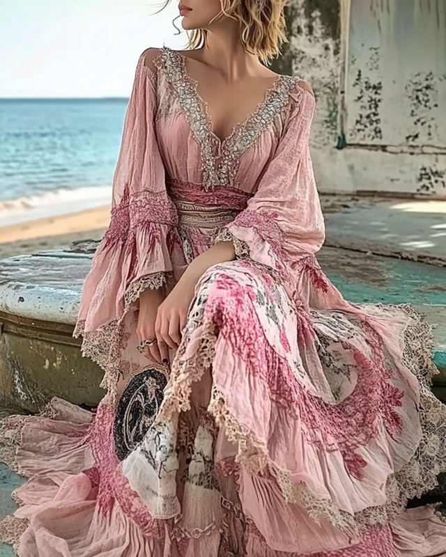 Summer Floral Embroidered Lace Patchwork Comfortable Ruffle Dress 66ae