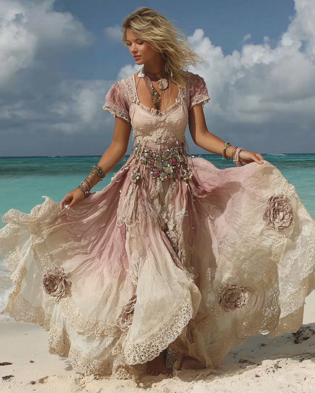 Summer Vacation Ombre Lace Turquoise Beaded Dress 6eaa