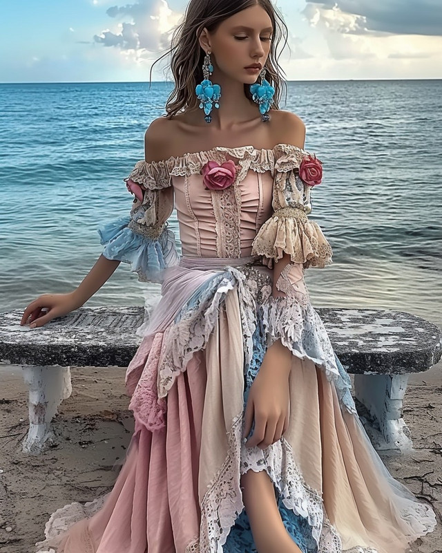 Summer floral embroidered lace patchwork dress 132c