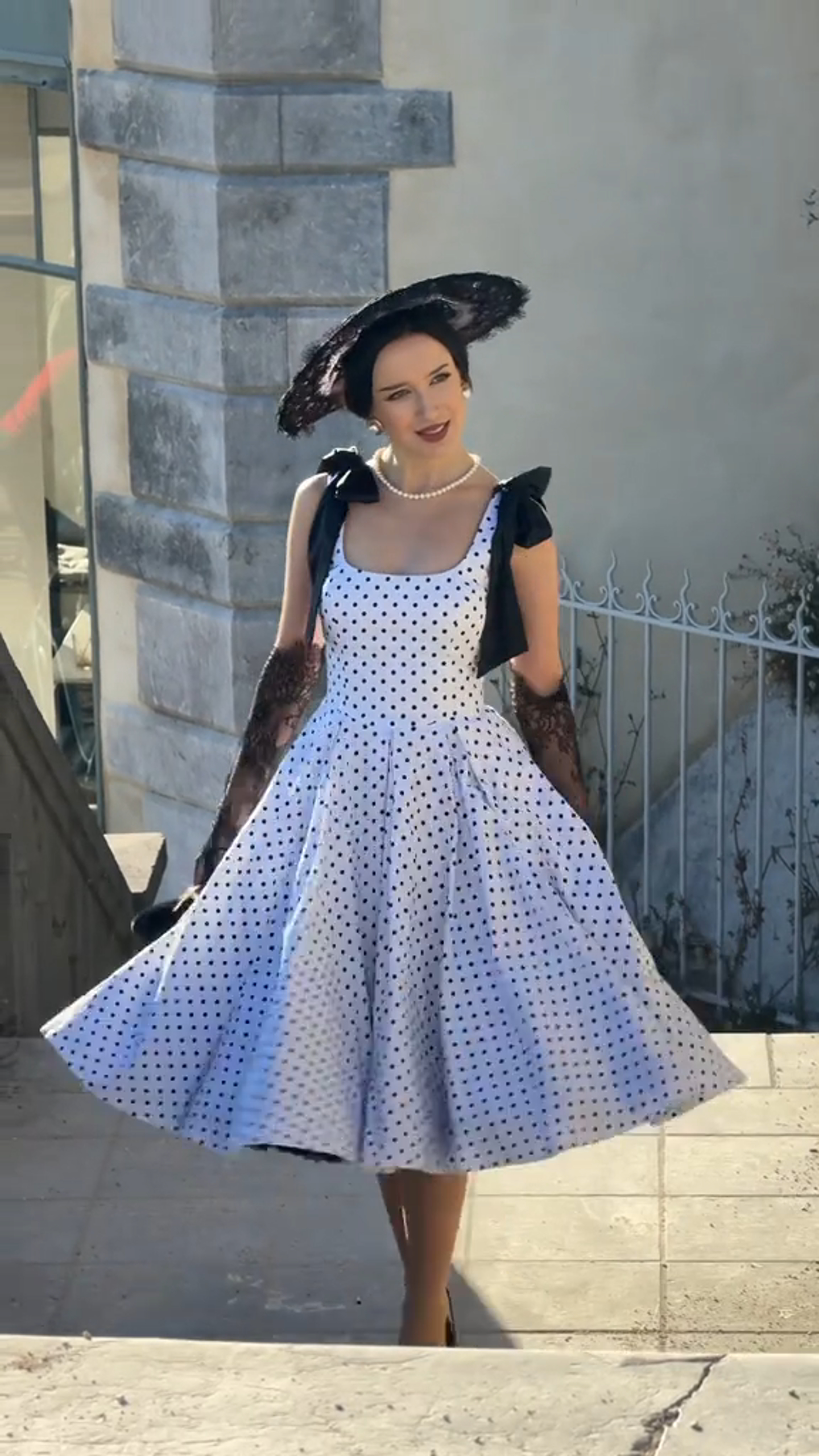 Ivory and Black Polka-Dot Vintage Midi Dress