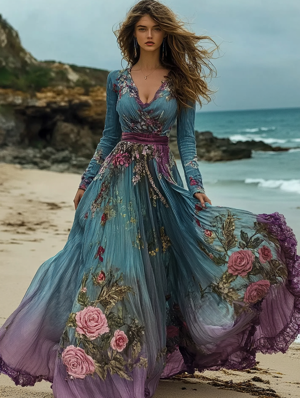 Autumn seaside long-sleeved contrasting retro dress baf8