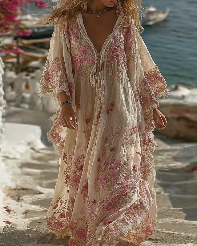Women's summer vacation floral 3D embroidery kaftan  632b