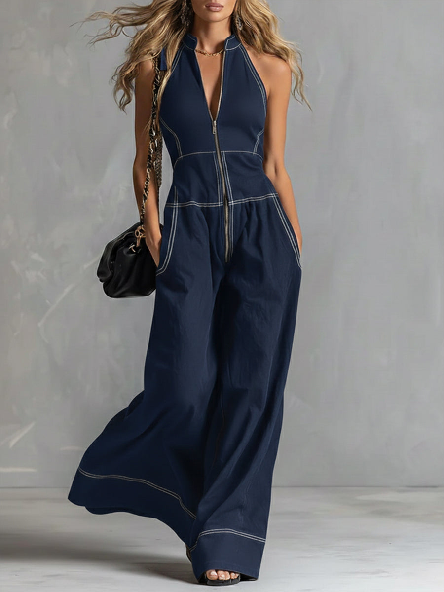Casual Zippered Cotton Jumpsuit