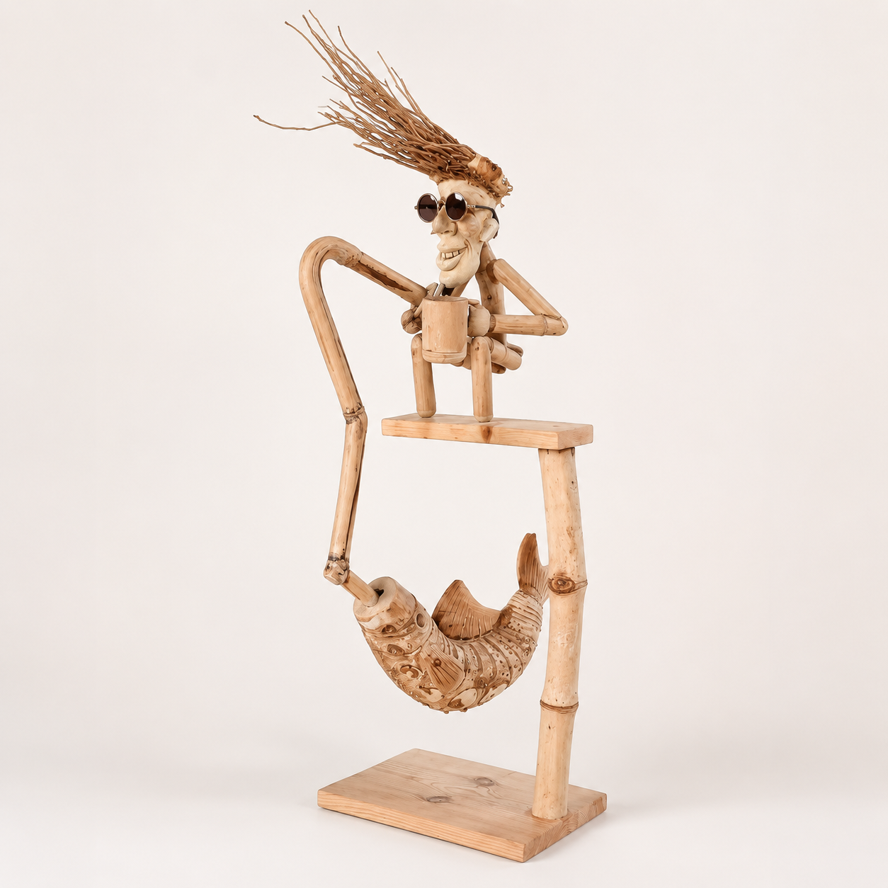 Handcrafted Kinetic Fishing Sculpture