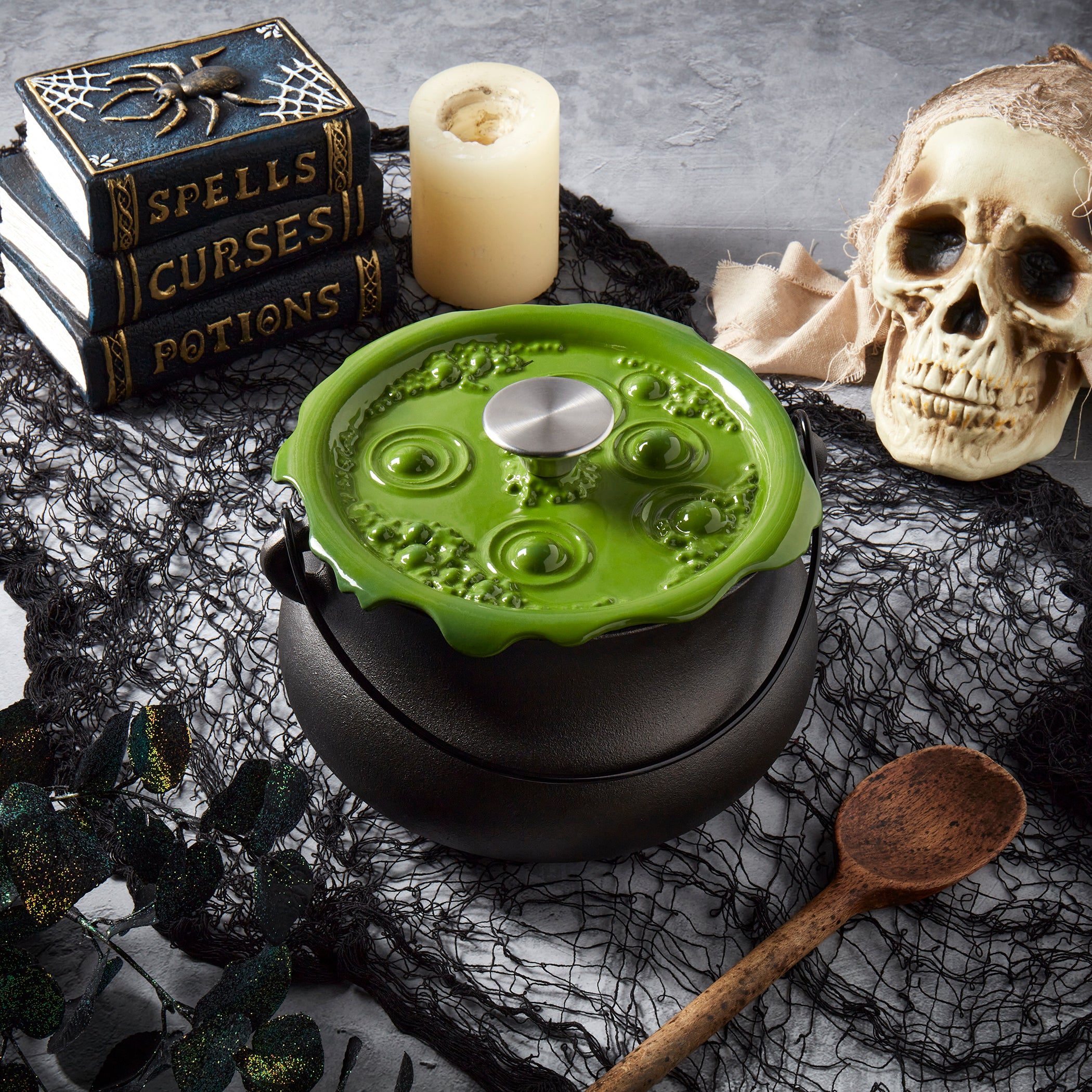 Cast Iron Cauldron Pot with Green 'Bubbling' Lid