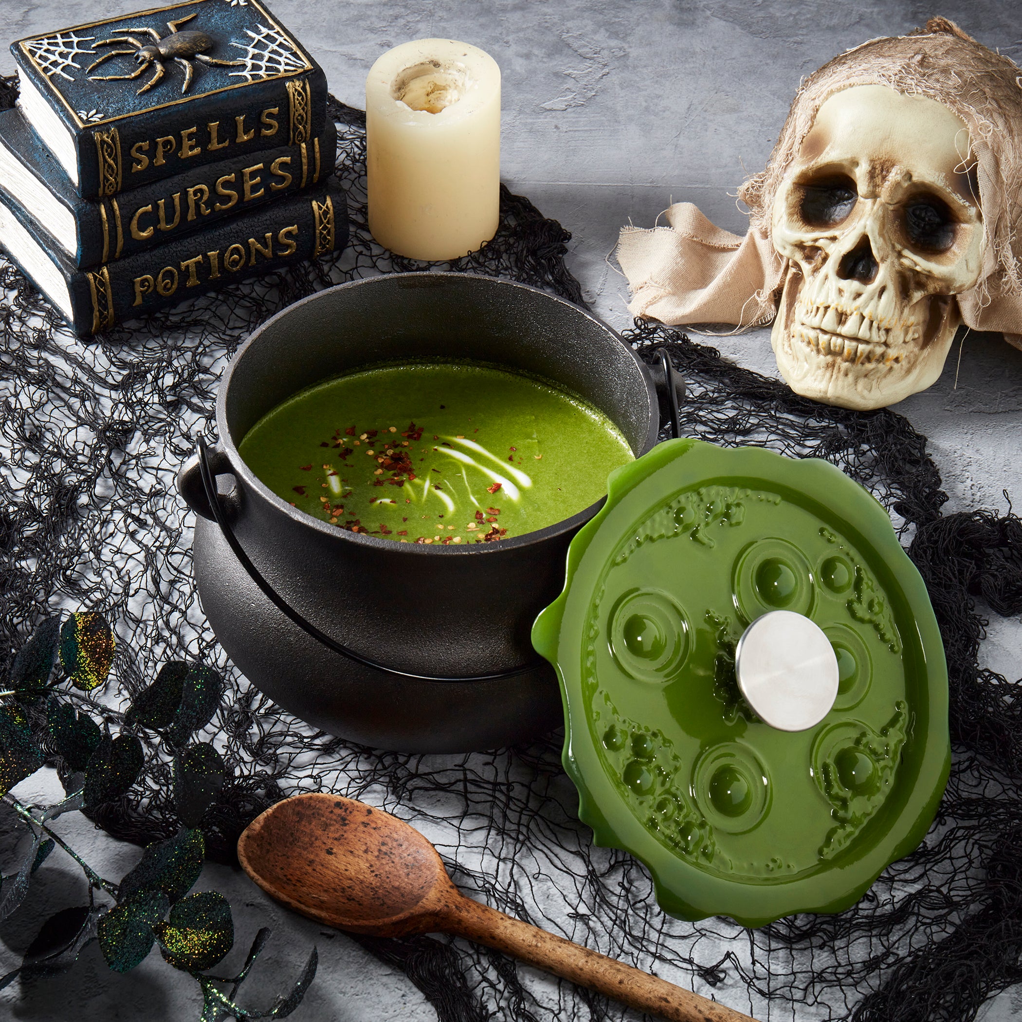 Cast Iron Cauldron Pot with Green 'Bubbling' Lid