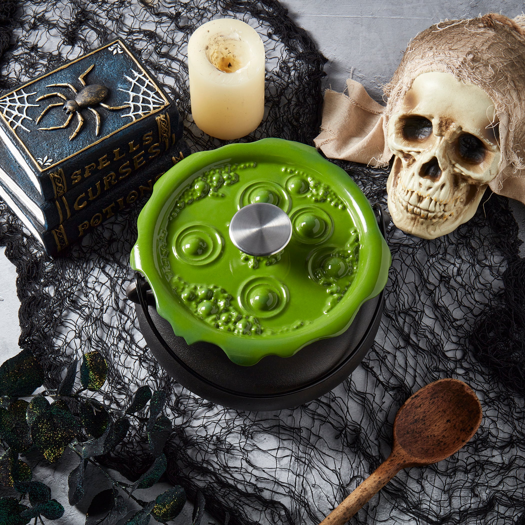 Cast Iron Cauldron Pot with Green 'Bubbling' Lid