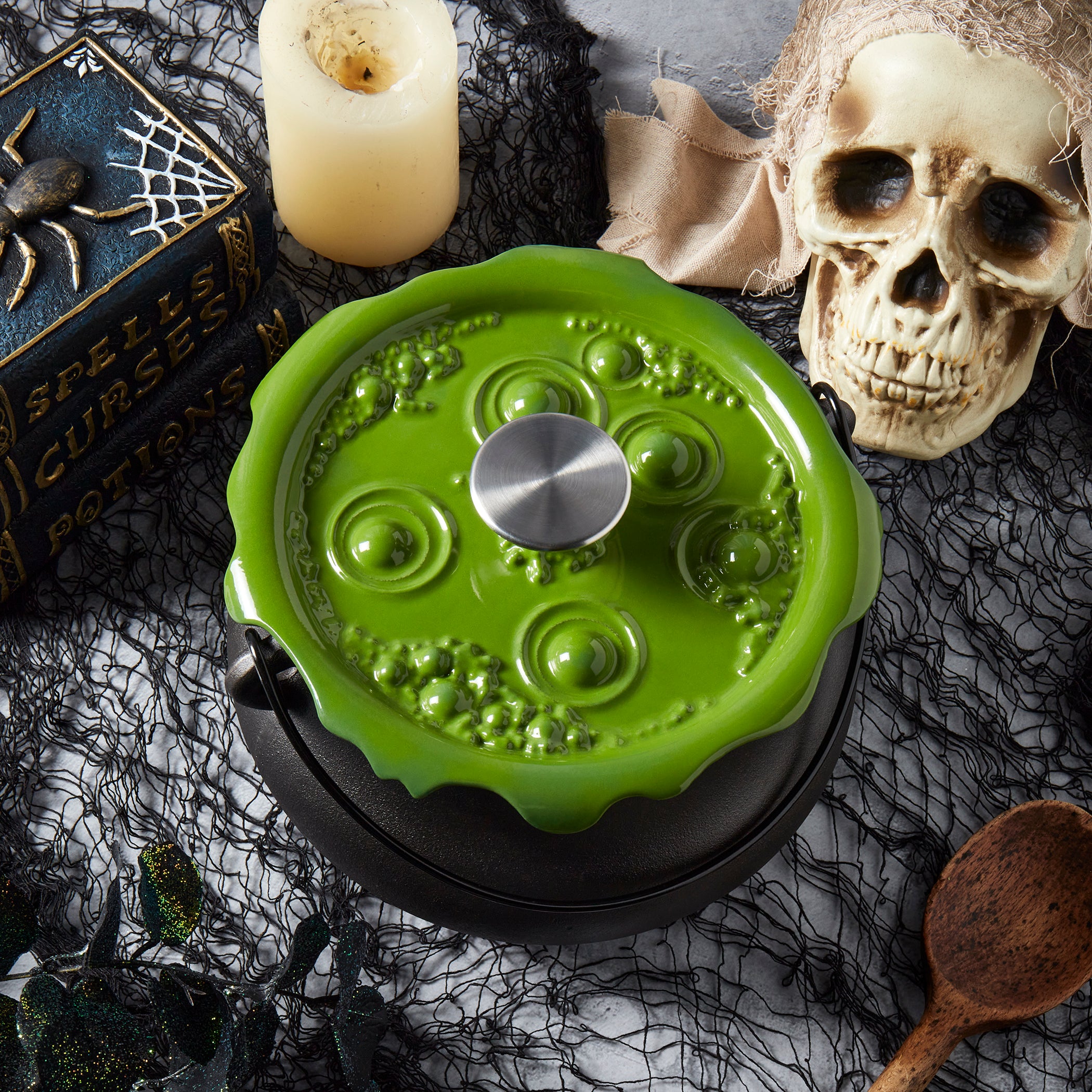 Cast Iron Cauldron Pot with Green 'Bubbling' Lid
