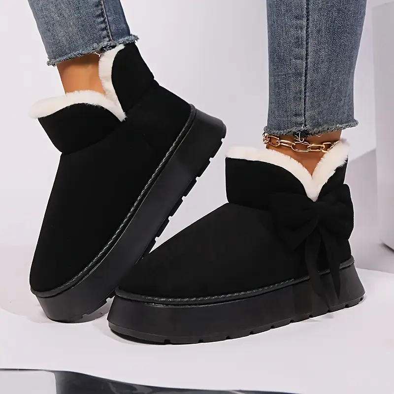 womens casual   calf snow boots warm plush lined round toe flat heel solid color slip on winter boots with eva sole for school and casual occasions details 3