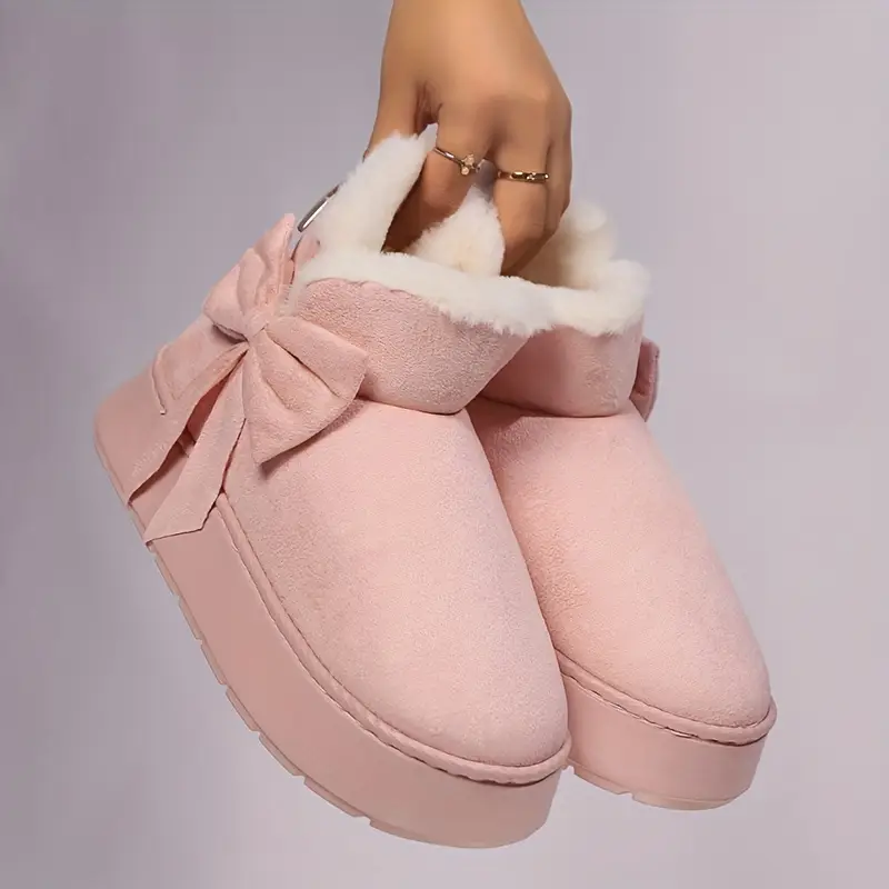 womens casual   calf snow boots warm plush lined round toe flat heel solid color slip on winter boots with eva sole for school and casual occasions details 4