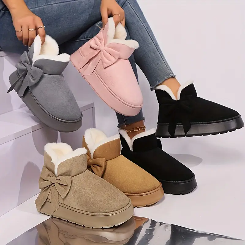 womens casual   calf snow boots warm plush lined round toe flat heel solid color slip on winter boots with eva sole for school and casual occasions details 0