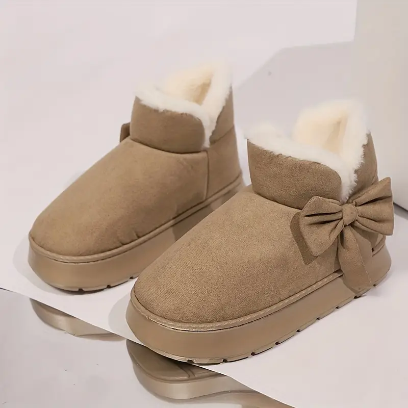 womens casual   calf snow boots warm plush lined round toe flat heel solid color slip on winter boots with eva sole for school and casual occasions details 1