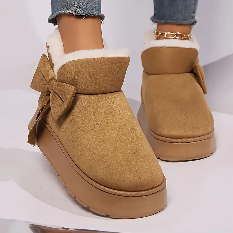 womens casual   calf snow boots warm plush lined round toe flat heel solid color slip on winter boots with eva sole for school and casual occasions details 2