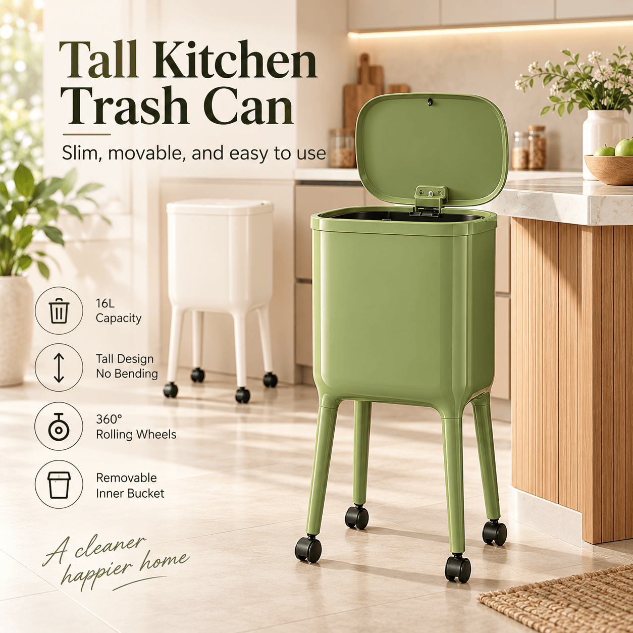 16L Tall Rolling Kitchen Trash Can