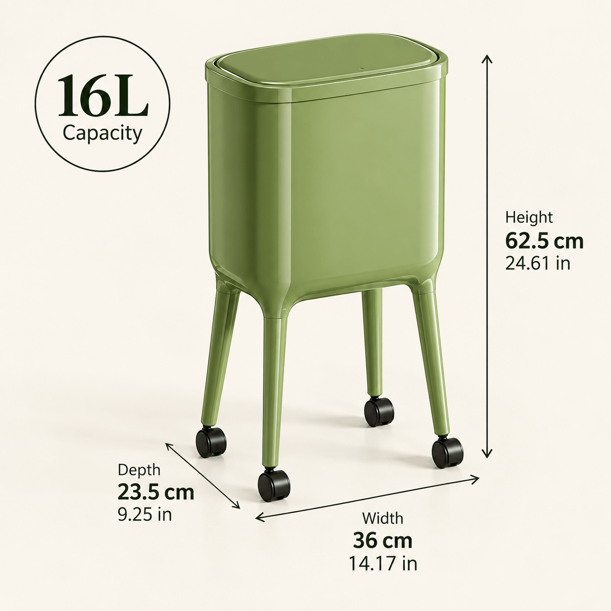 16L Tall Rolling Kitchen Trash Can