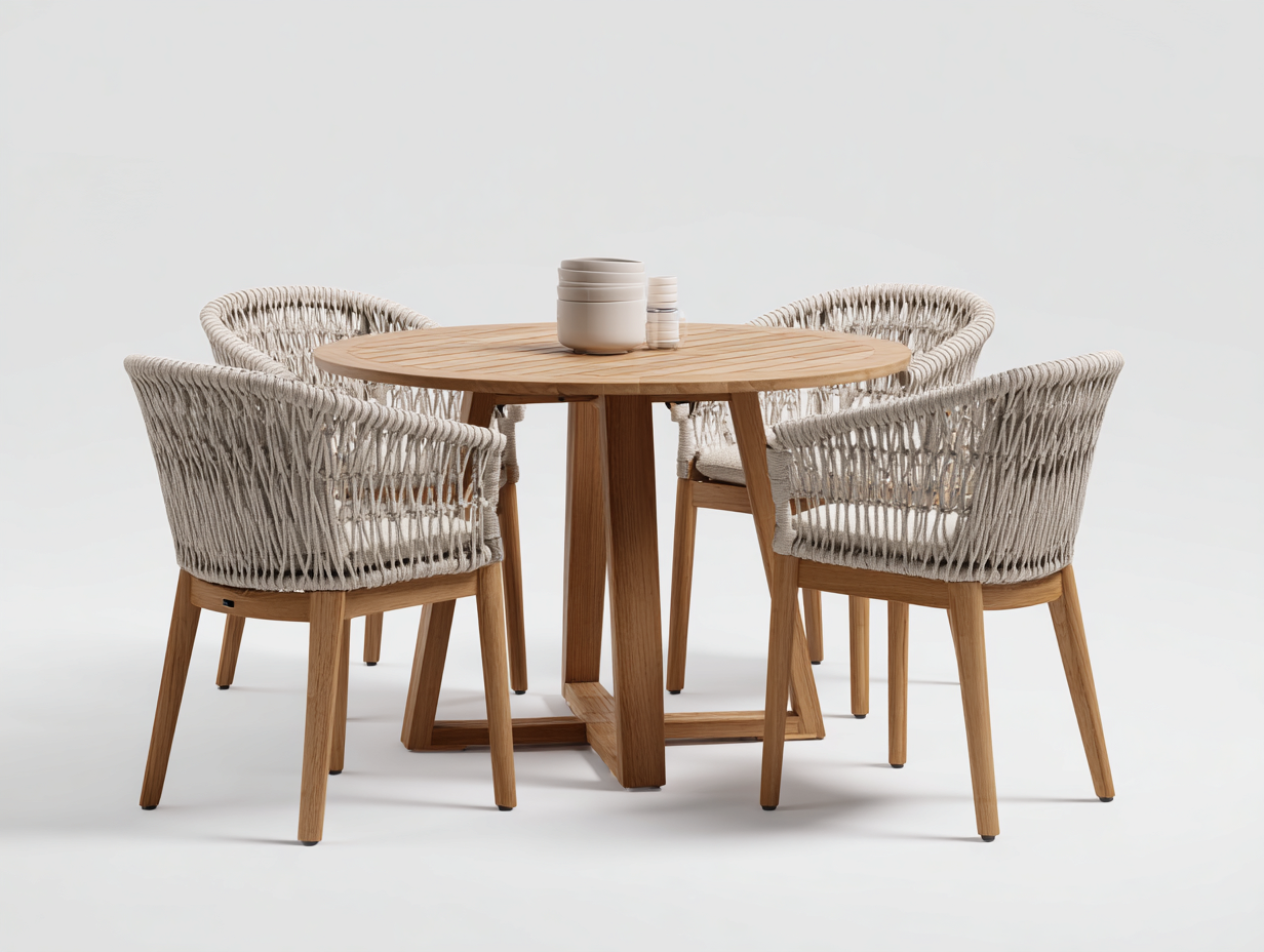 Garten Essgarnituren - Holz-Textilseil - 130 x 130 x 75 cm - Natur-Beige - Modern-Nookuphaus