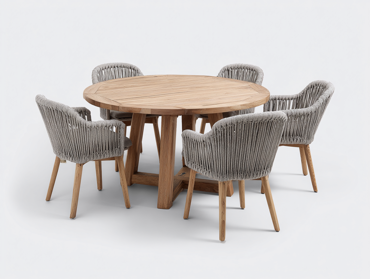 Garten Essgarnituren - Holz-Textilseil - 145 x 145 x 75 cm - Natur-Grau - Modern-Nookuphaus