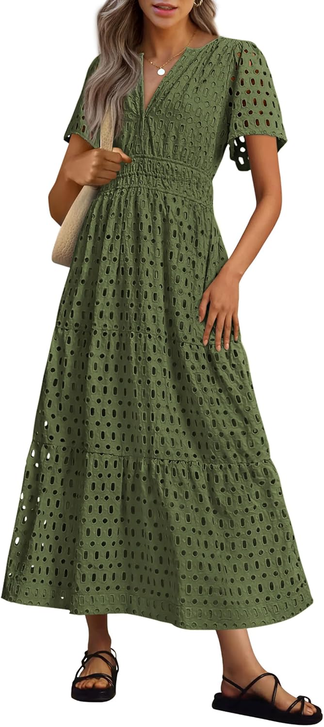 NEW 🔥Womens 2026 Summer Maxi Dress Short Sleeve V Neck Hollow Out Eyelet A Line Dresses