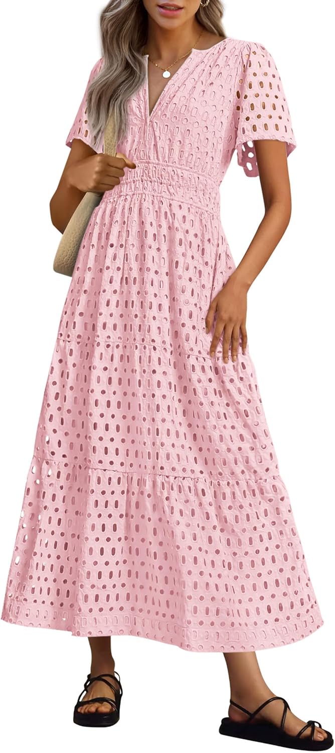 NEW 🔥Womens 2026 Summer Maxi Dress Short Sleeve V Neck Hollow Out Eyelet A Line Dresses