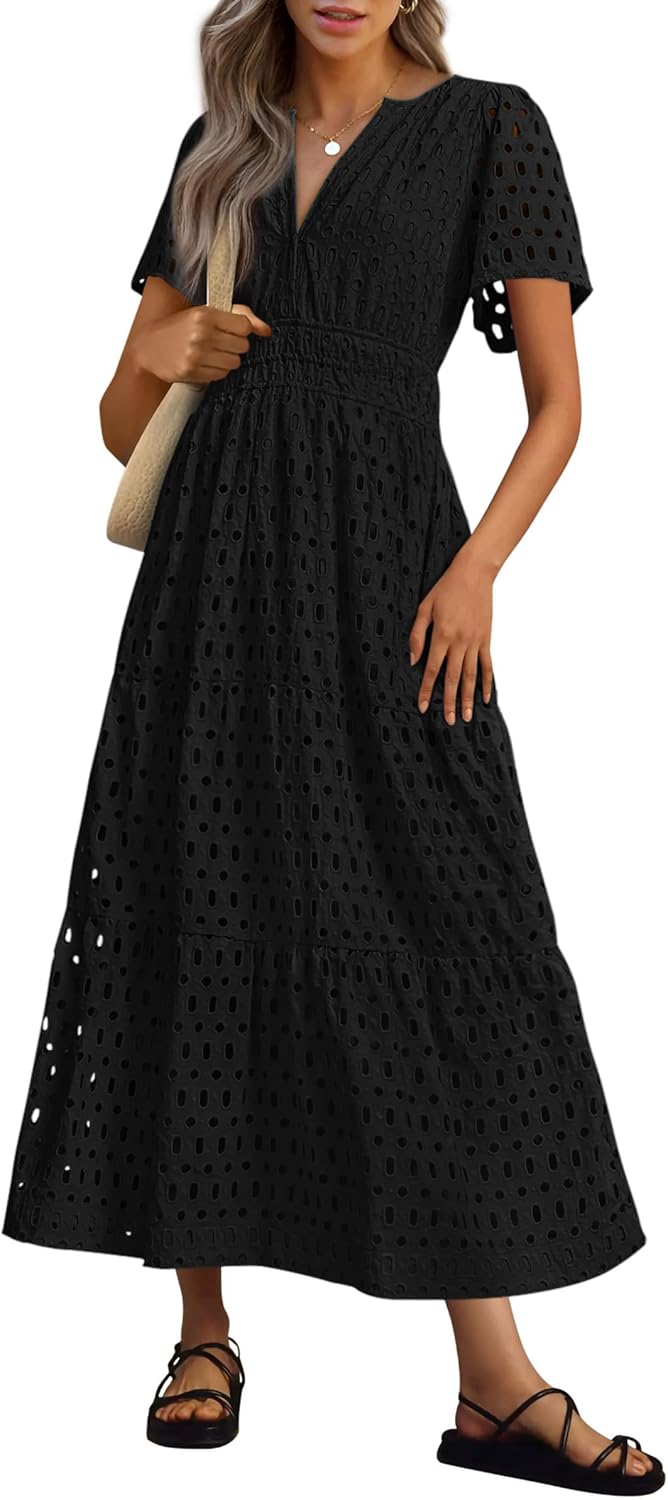 NEW 🔥Womens 2026 Summer Maxi Dress Short Sleeve V Neck Hollow Out Eyelet A Line Dresses
