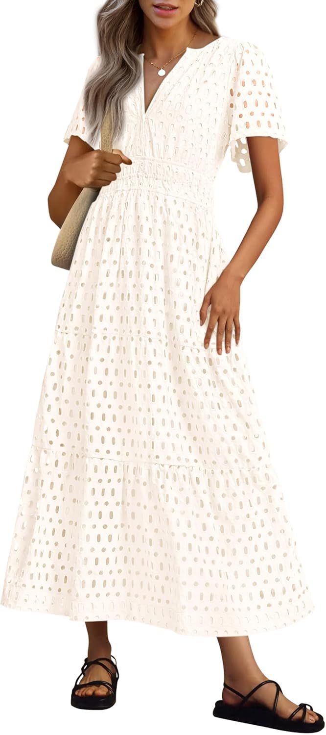 NEW 🔥Womens 2026 Summer Maxi Dress Short Sleeve V Neck Hollow Out Eyelet A Line Dresses