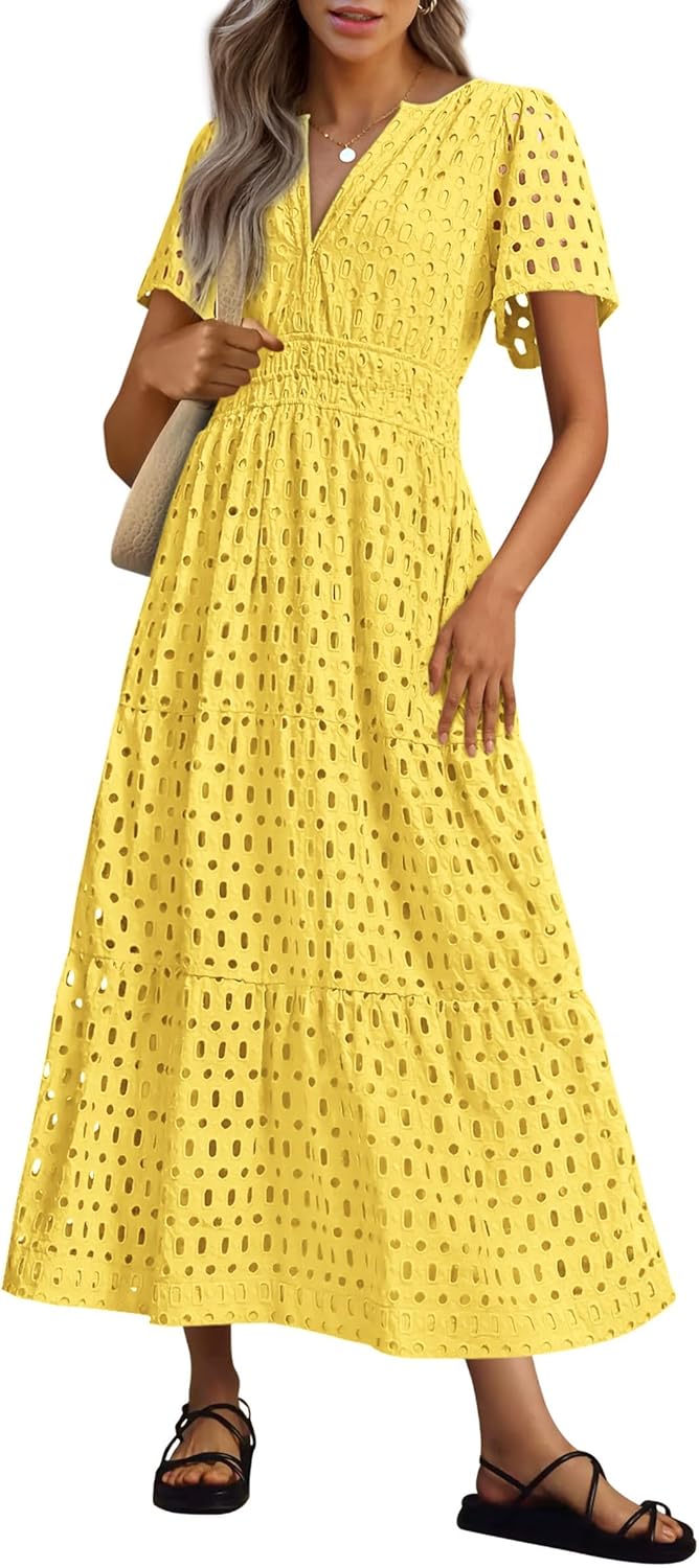 NEW 🔥Womens 2026 Summer Maxi Dress Short Sleeve V Neck Hollow Out Eyelet A Line Dresses
