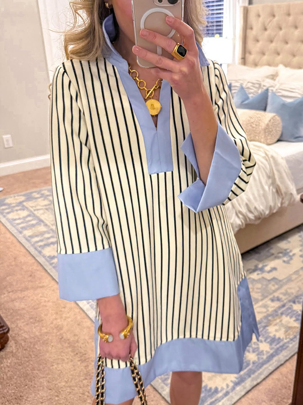 CLEARANCE🔥 Striped Split V Neck Collared Shirt Dress