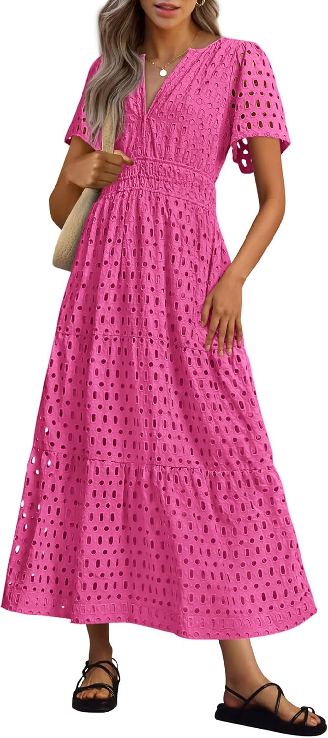 NEW 🔥Womens 2026 Summer Maxi Dress Short Sleeve V Neck Hollow Out Eyelet A Line Dresses