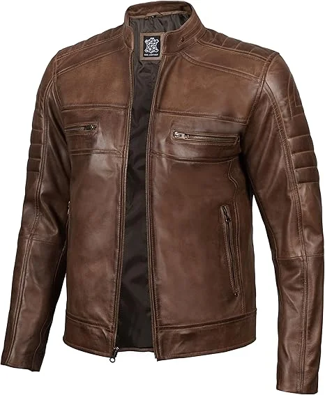 Kurtka skórzana Decrum dla mężczyzn - modna męska kurtka skórzana w stylu Cafe Racer