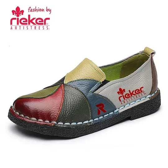 PŁASKIE BUTY DAMSKIE RIEKER® BUTY DLA MAMY KOLOROWE ANTYPOŚLIZGOWE MOKASYNY Z PRAWDZIWEJ SKÓRY BYDLĘCEJ