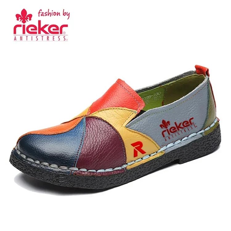 PŁASKIE BUTY DAMSKIE RIEKER® BUTY DLA MAMY KOLOROWE ANTYPOŚLIZGOWE MOKASYNY Z PRAWDZIWEJ SKÓRY BYDLĘCEJ