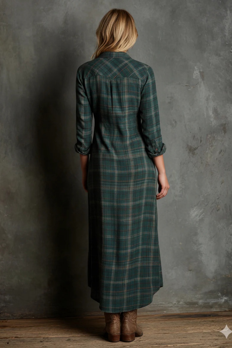 Damen Maxikleid mit Karomuster, Reverskragen und Knopfleiste