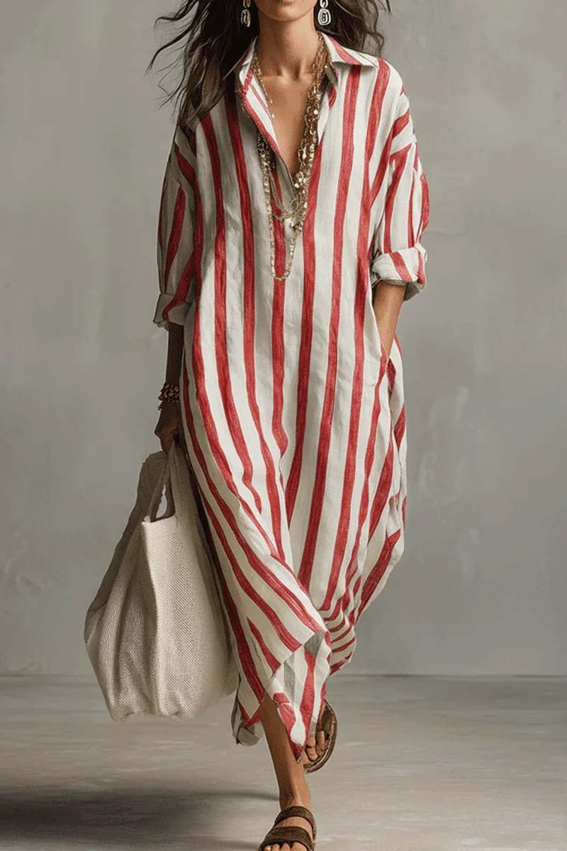 Lässiges gestreiftes Hemdblusenkleid im Boho-Stil (Maxi)