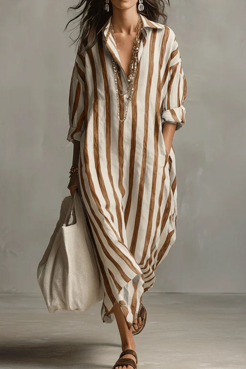 Lässiges gestreiftes Hemdblusenkleid im Boho-Stil (Maxi)