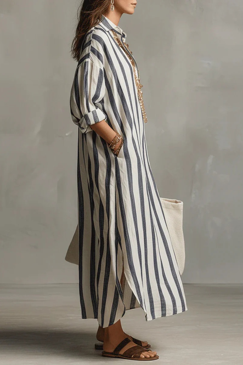Lässiges gestreiftes Hemdblusenkleid im Boho-Stil (Maxi)
