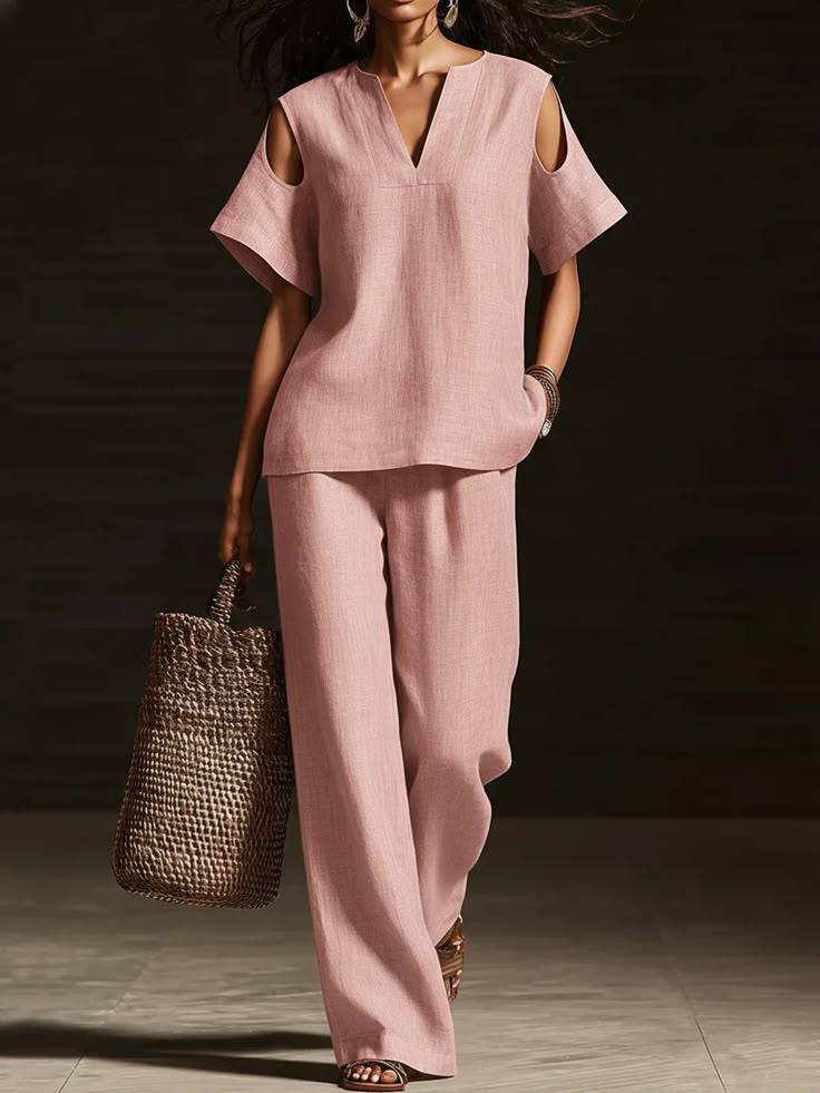 Damenmode-Set mit V-Ausschnitt, einfarbig, im Distressed-Look, mit gerader Hose – modisch & lässig