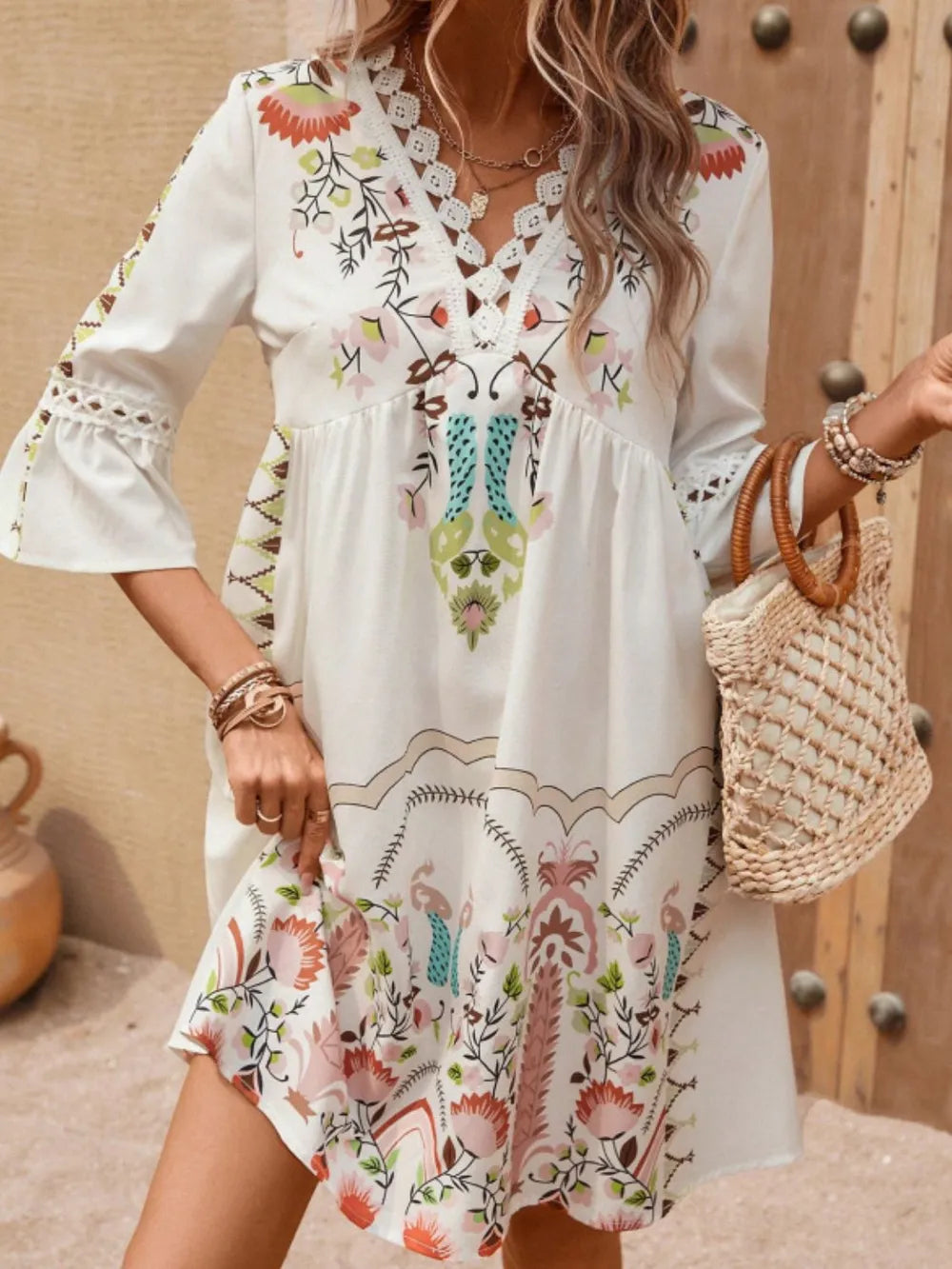 Hazel Blues® | Lace Detail Printed Three-Quarter Sleeve Dress