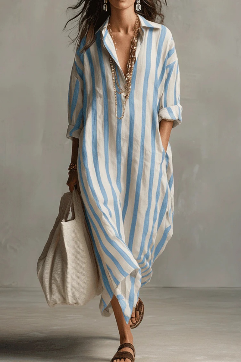 Lässiges gestreiftes Hemdblusenkleid im Boho-Stil (Maxi)