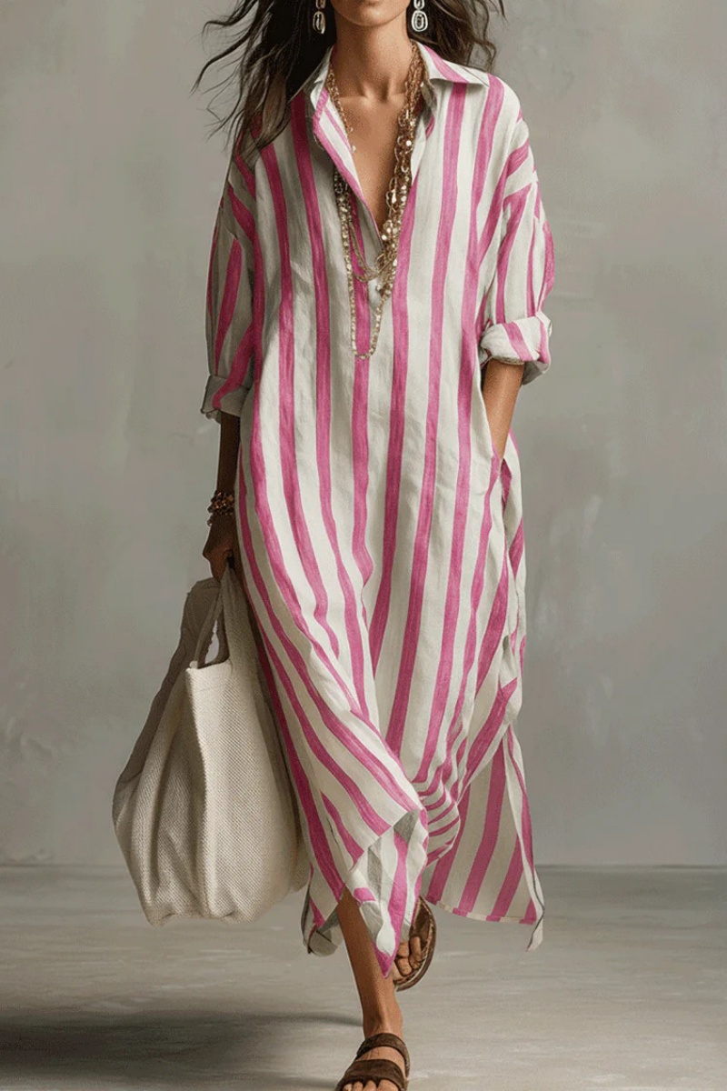 Lässiges gestreiftes Hemdblusenkleid im Boho-Stil (Maxi)