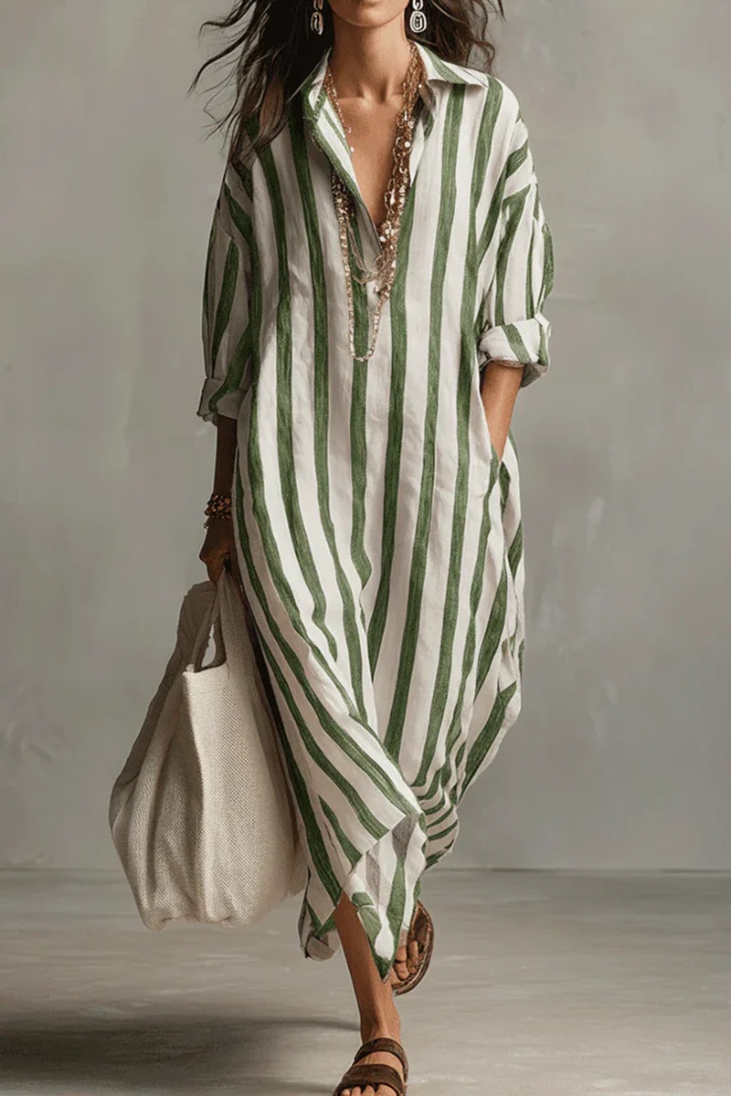 Lässiges gestreiftes Hemdblusenkleid im Boho-Stil (Maxi)