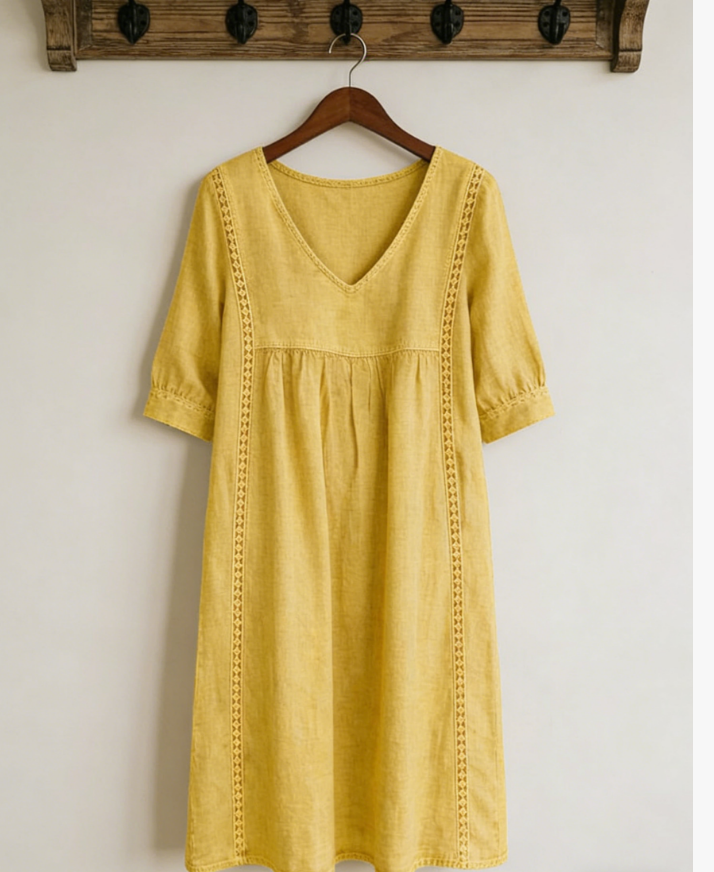 Neu eingetroffen 🔥 Damen lässiges locker geschnittenes Patchwork-Kleid mit Spitzenbesatz aus Leinen und Baumwolle