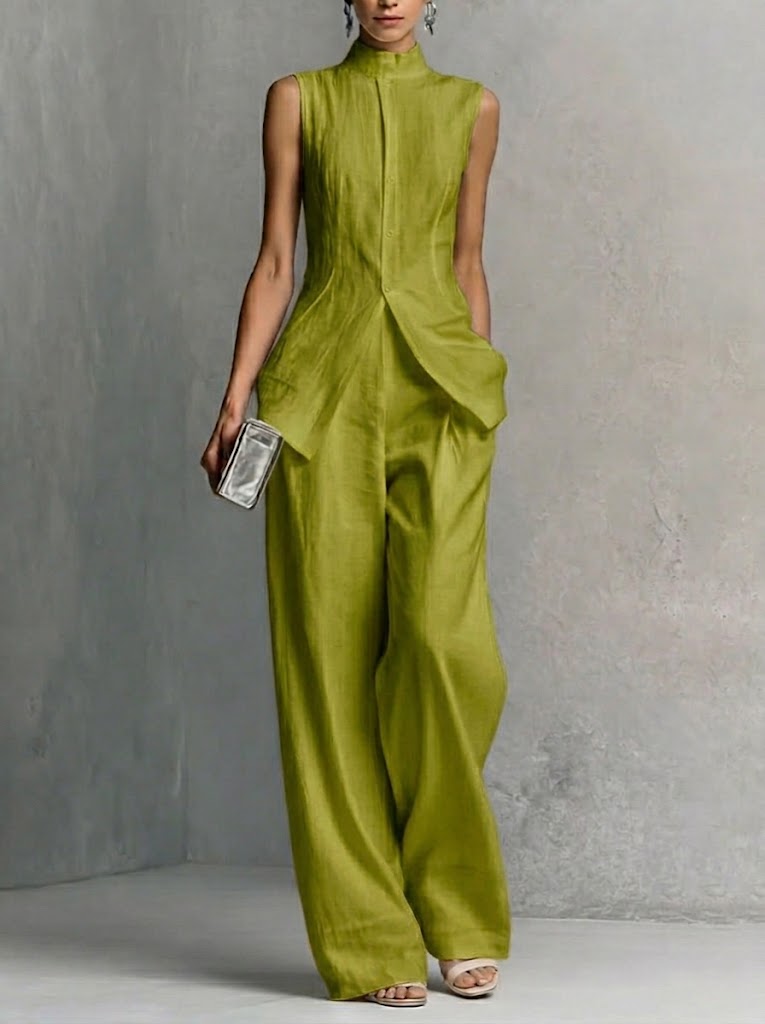 Ensemble 2 pièces élégant en lin et coton – Coupe ajustée, sans manches